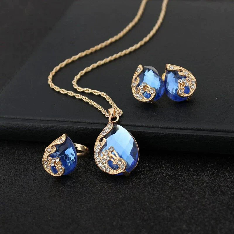 Set Necklace + Blue Crystal Drop Earrings in Gold